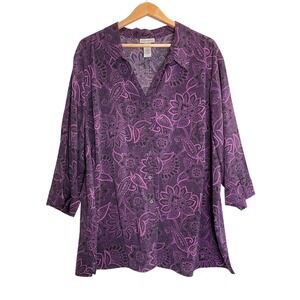 Catherines Button Front Tunic Purple‎ Floral Blouse Chest Pockets Paisley 3X
